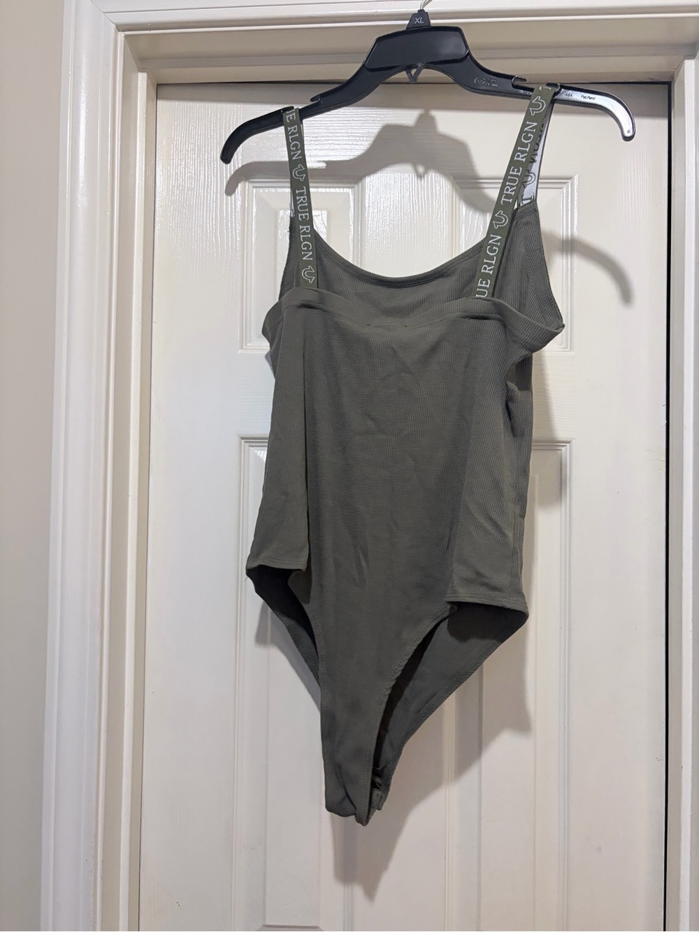 True Religion Olive Green Ribbed Bodysuit with Branded Straps